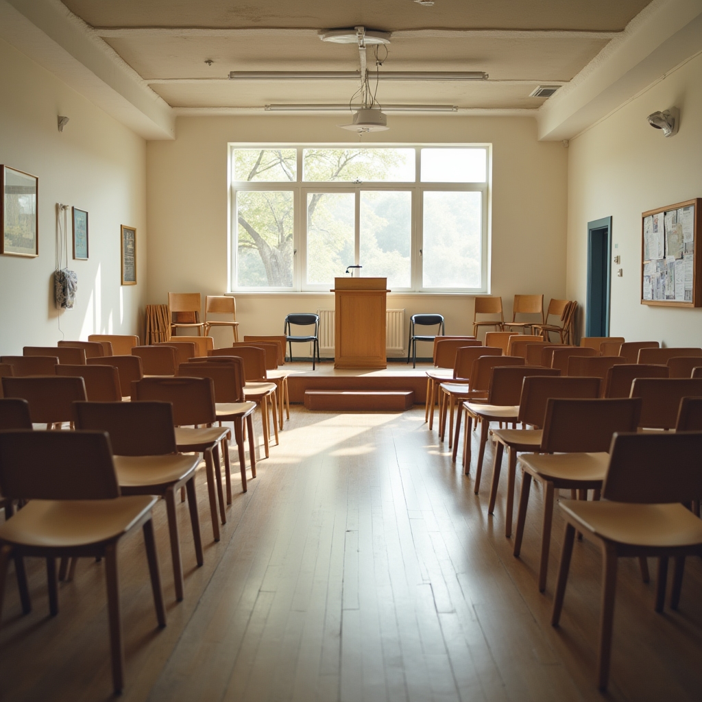 Sala polivalente de un centro comunitario preparada con sillas en filas para una charla vecinal.