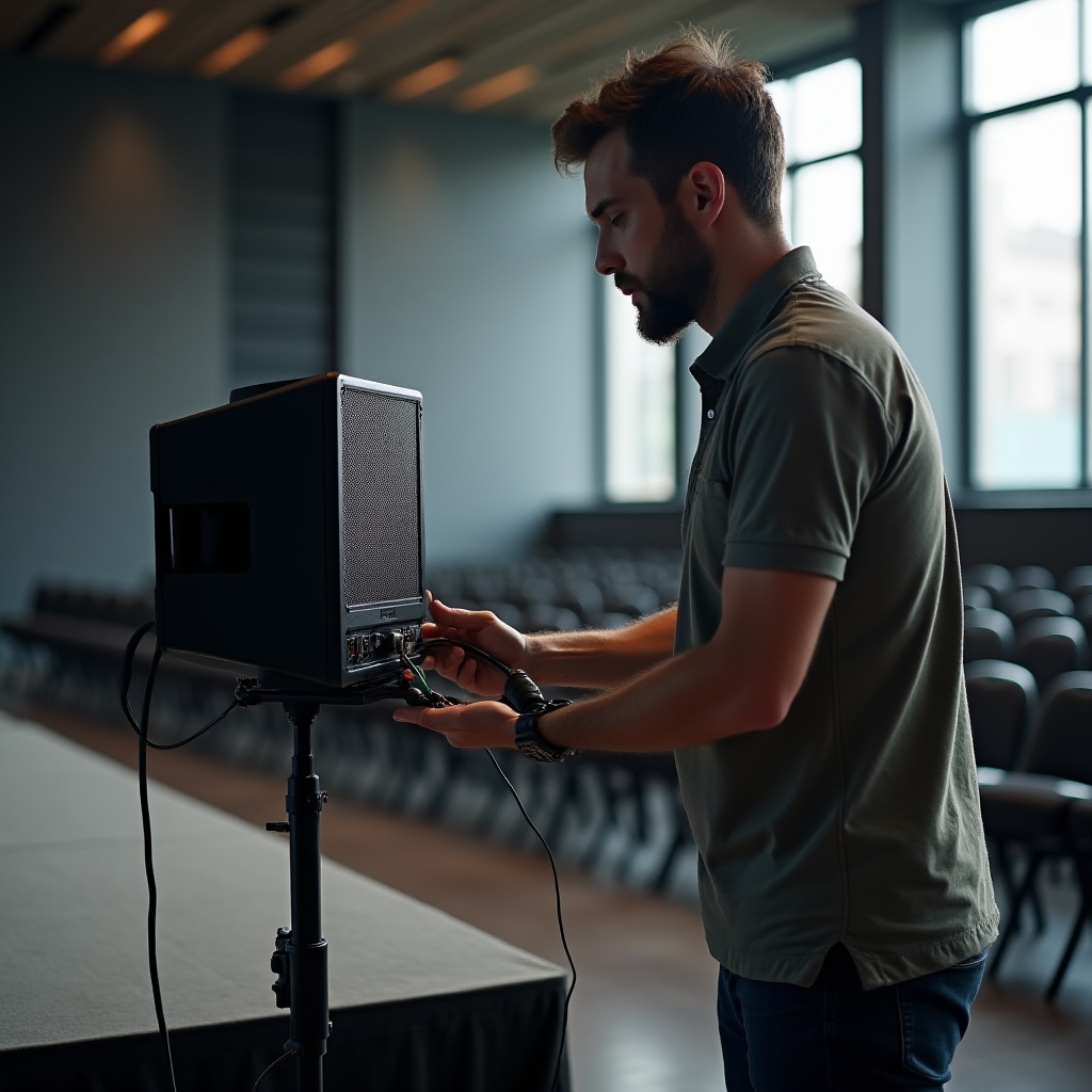 Técnico revisando el equipo de sonido y la disposición de sillas en una sala antes de un evento cultural.